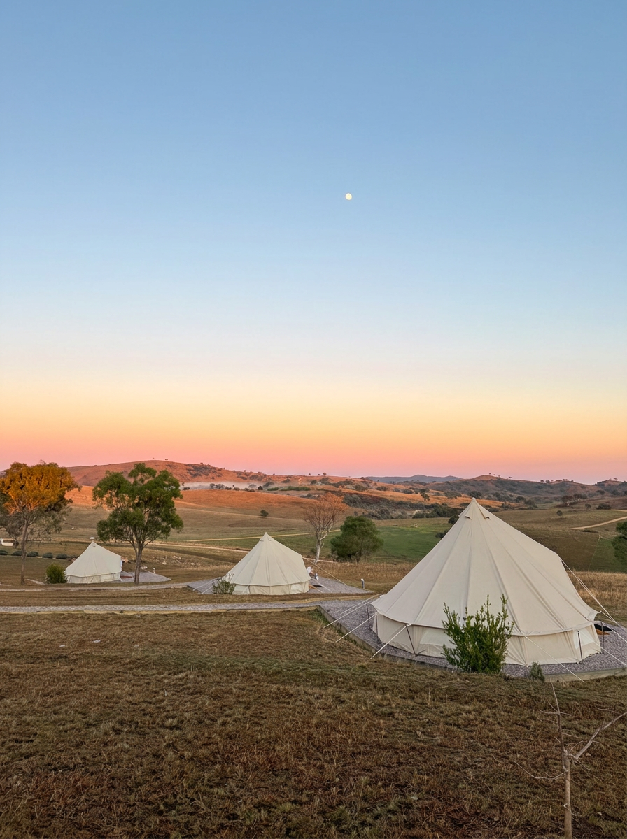 Bell tents at Glenayr Farm glowing under a pink sunset sky