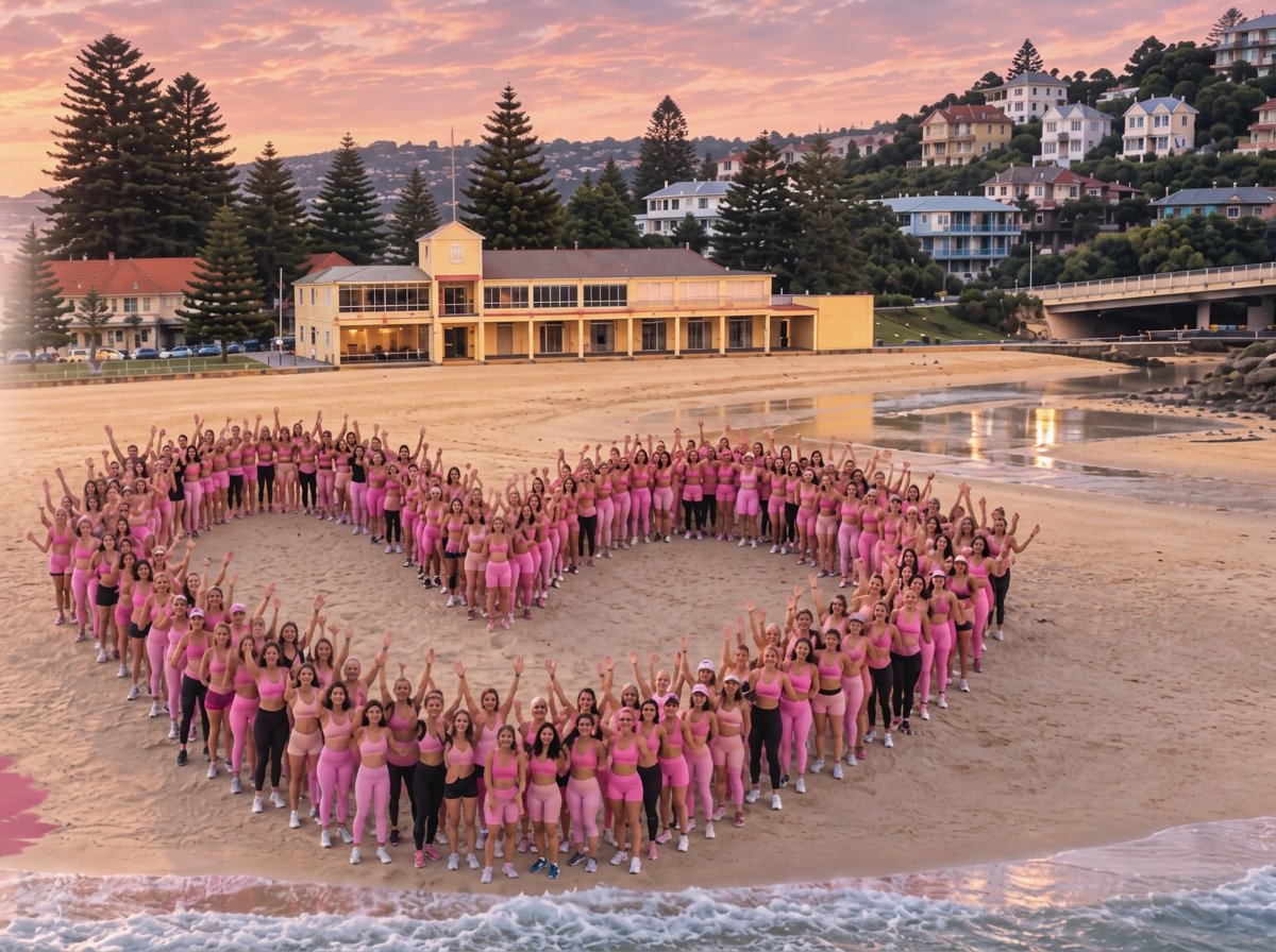 A community of women in pink on Manly Beach forming a giant heart, with the surf club and painted houses behind